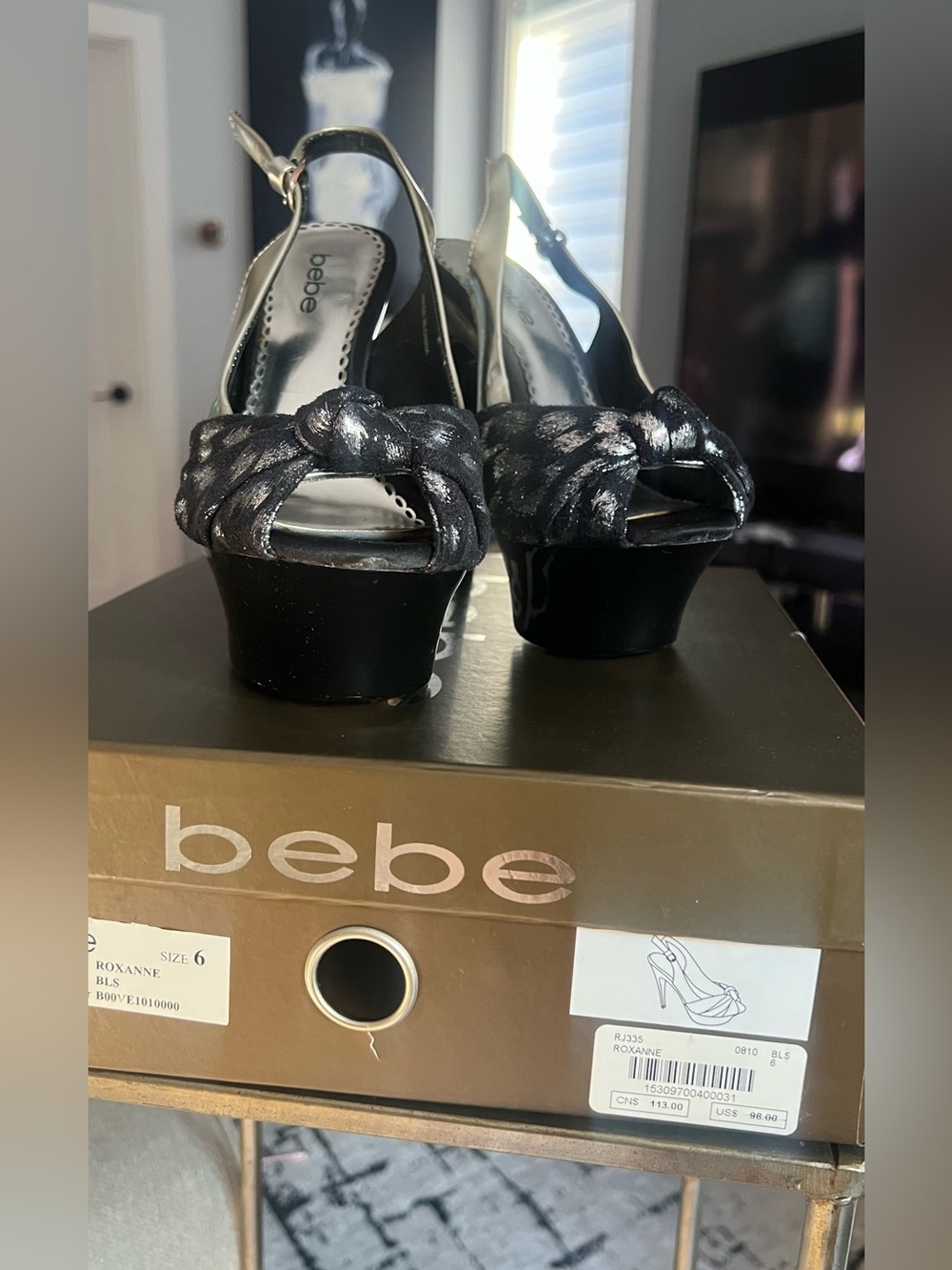 bebe Black Shimmery Knot Platform Slingbacks
